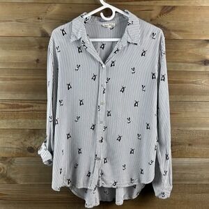 Jane + Delancey Womens Shirt Roll Tab Sleeve Button Up French Bulldog Striped XL